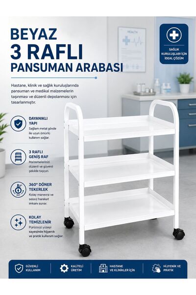 Mediva 3 Katlı Beyaz Pansuman Ve Cihaz Arabası