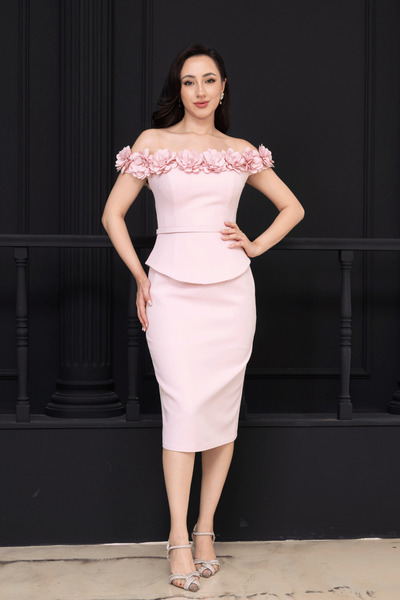 BEYBOS Double Floral Detailed Pencil Long Dress - Pudra