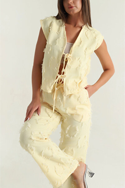 BKUzer Women's Textured Crop Vest with Tie Detail