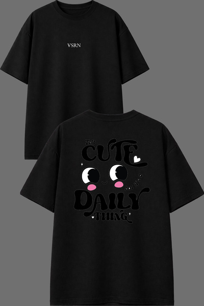 VSRN Cute Daily Design Front and Back Printed Black Oversize T-Shirt