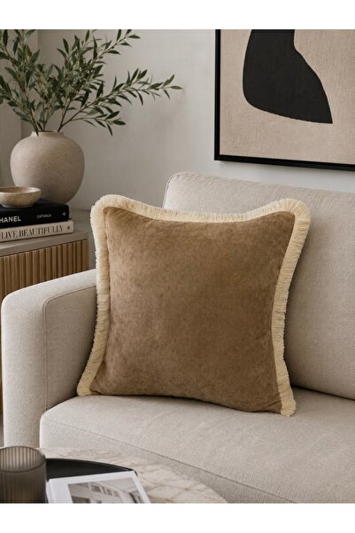Decamor home Püsküllü Sütlü Kahve Kırlent Kılıfı