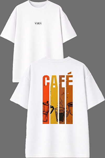 VSRN Tricou supradimensionat alb cu imprimeu față și spate, design cafea și ceai