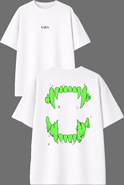 VSRN Creature Teeth Design Front and Back Printed White Oversize t Shirt