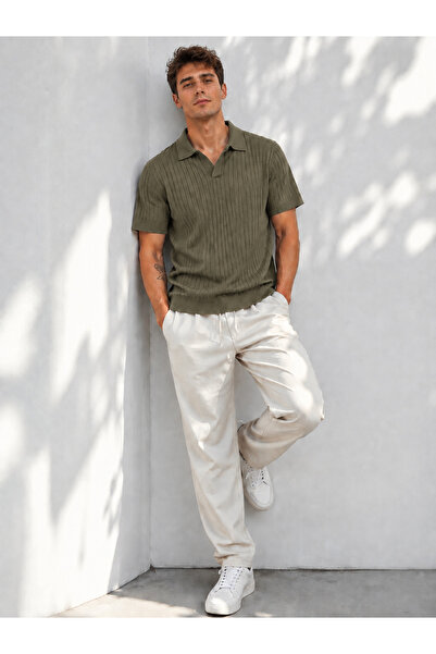 ribana Men's Short Sleeve Ribbed Knit Open Polo Collar T-Shirt 271200