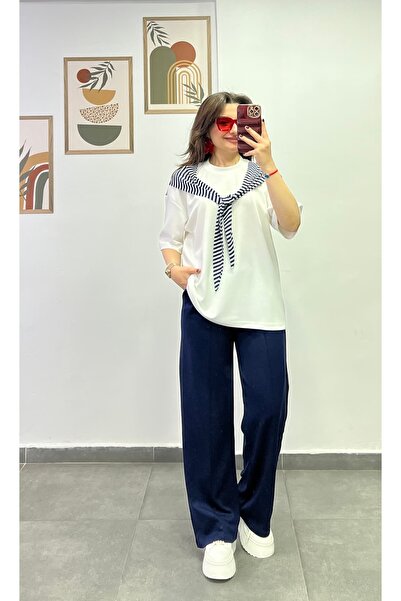 bydenizcollection طقم بدلة رياضية بياقة مخططة وتفاصيل ربط، مع جيب وخياطة مميزة