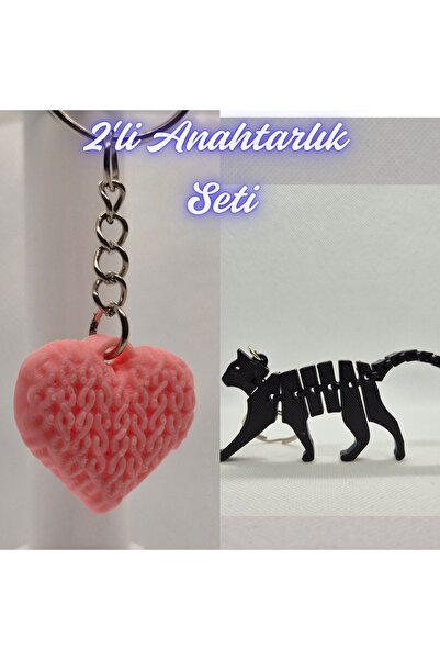 3DAtölyeMaker Light Pink Knitted Patterned Heart and Black Flexible Cat Keychain
