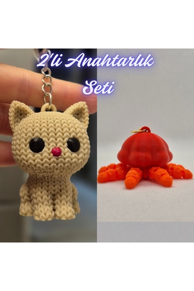 3DAtölyeMaker Cream Knitted Patterned Cat and Orange Moving Jellyfish Keychain