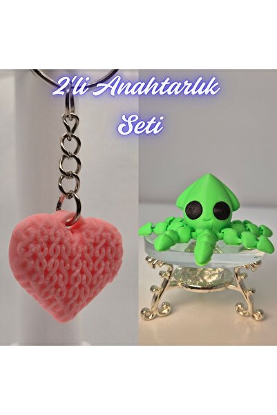 3DAtölyeMaker Light Pink Knitted Patterned Heart and Light Green Squid Keychain