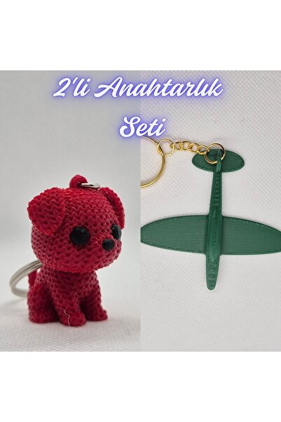 3DAtölyeMaker Fire Engine Red Knitted Patterned Dog and Dark Green Airplane K...