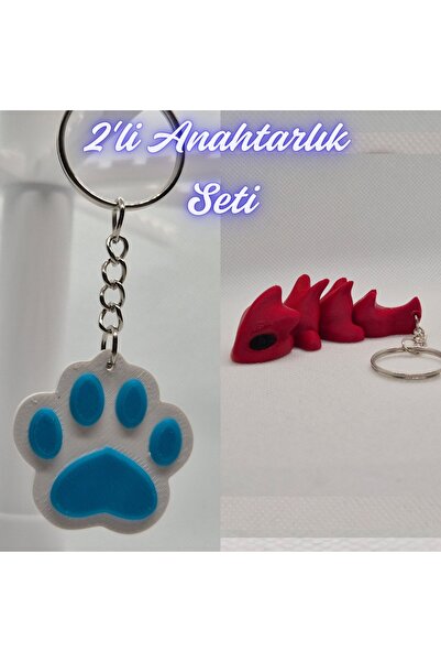 3DAtölyeMaker Light Blue Cat Paw and Fire Engine Red Flexible Dragon Keychain
