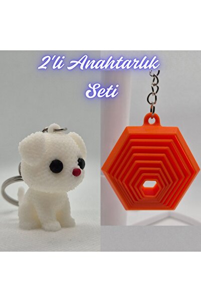 3DAtölyeMaker White Knitted Patterned Dog and Orange Moving Hexagon Keychain