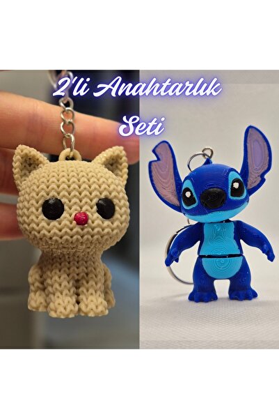 3DAtölyeMaker Cream Knitted Patterned Cat and Blue Flexible Stitch Keychain