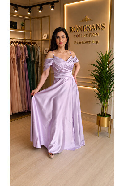 PRİMELUXRY SHOP Lila Saten Omuz Detaylı Uzun Abiye Elbise