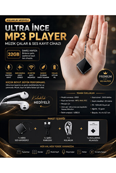 AtaTechs KB55 Dünyanın en incesi Kristal Mikrofonlu Kulaklıklı 32 Gb Hafızalı...