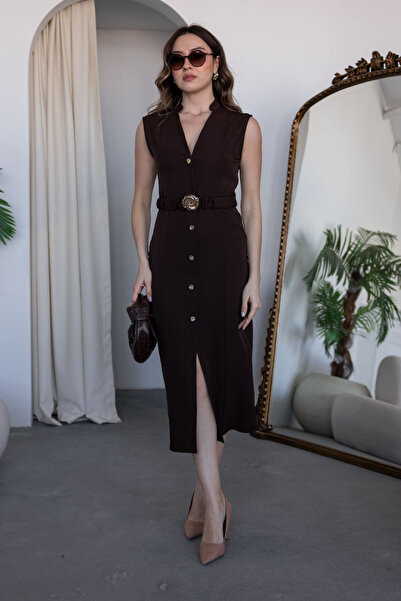 Aventien Rochie midi elegantă cu curea și nasturi aurii