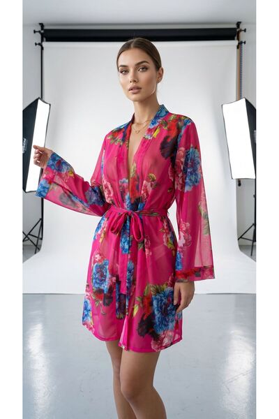 İZOSCA Pembe Çiçekli Kuşaklı Kimono Plaj Giyim