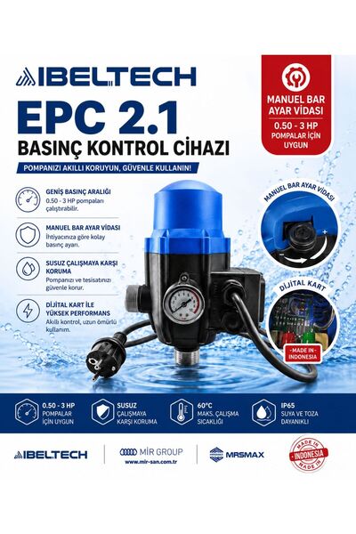 İBELTECH EPC 2.1 Basınç Kontrol Cihazı Hidrofor Pompa Otomatiği Manuel Bar Ay...