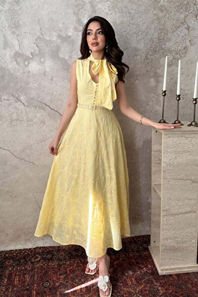 Maxi modena Yellow Embroidered Halter Neck Dress