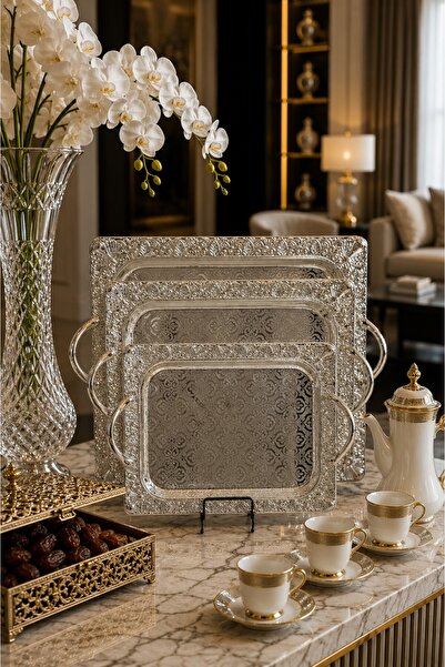 Generic Luxury Silver Royal Embossed Rectangular Tray Set (3 Pieces)