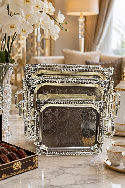 Generic Classic Rose Patterned Rectangular Tray Set Silver with Luxury Royal ...