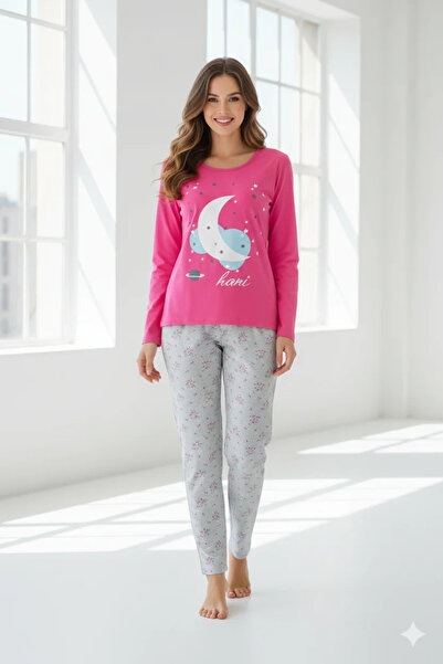 Serena Women's big size Cotton pajamas with long sleeves and long pants PINK ...