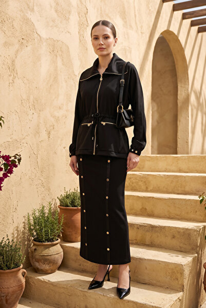 Missemramiss Zipper Collar and Gathered Waist Skirt Suit 5359 Black