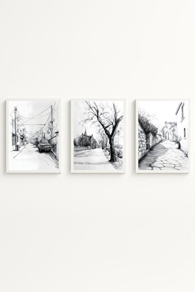 huhuli White Wooden Framed 3-Piece Black Pencil Design Painting Huhu518
