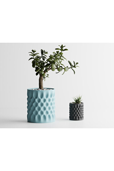 Tasarım Dent Dekoratif Saksı - Turkuaz Kabartmalı Modern Bitki Saksısı 8 cm