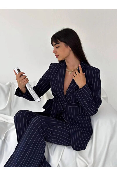 Ekim Store Set de pantaloni cu sacou cu curea dubla