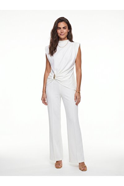 ONLOOX White Stretchy Textured Sleeveless Padded High Waist Ribbed Pants Set ...