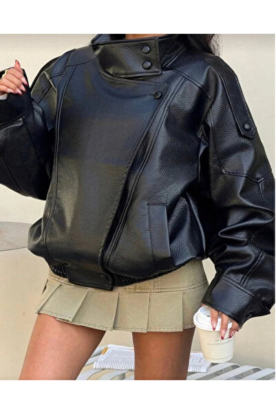 Ekim Store High Collar Oversize Elastic Leather Jacket