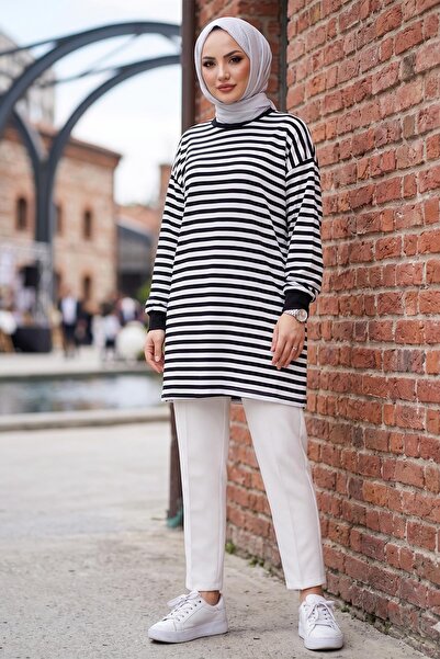 hafsamina Striped Combed Cotton Tunic Black Hm2917