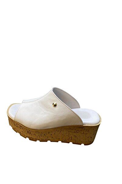 Teğmen Women's Wedge Heel Cork Thick Sole Genuine Leather Slippers