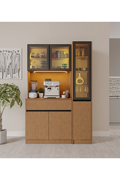 GuneyStore Bambu Midi Sağ Vitrinli Komple MDF LED Aydınlatmalı Kahve Köşesi