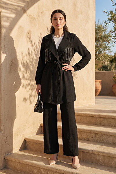 Lale Butik Pocketed Stone Detail Trousers Double Suit 18930 Black