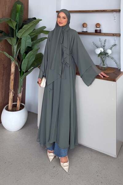 Şulemoda Giyim Hümay Çıtçıtlı Şal Detay Abaya Haki