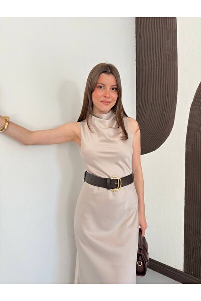 Ekim Store Belted Turtleneck Satin Dress