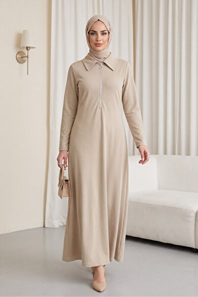 Modamorfo Half-Zip Shirt Collar Long Dress - Light Mink