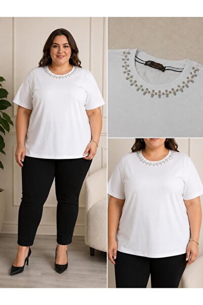 Pozitif Collar Stone Embroidered Plus Size Women's T-Shirt