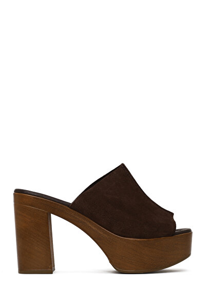 Derimod Women's Brown Platform High Thick Heeled Suede Leather Slippers 26Pfd...