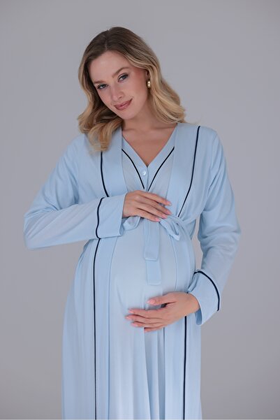 Yulem Homewear Plava spavaćica za trudnice sa pamučnim rukavima i dizajnom sa...