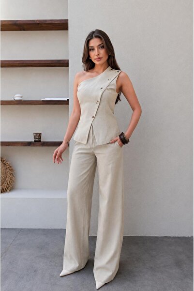 Serra One-Shoulder Vest Pants Linen Fabric Top and Bottom Set