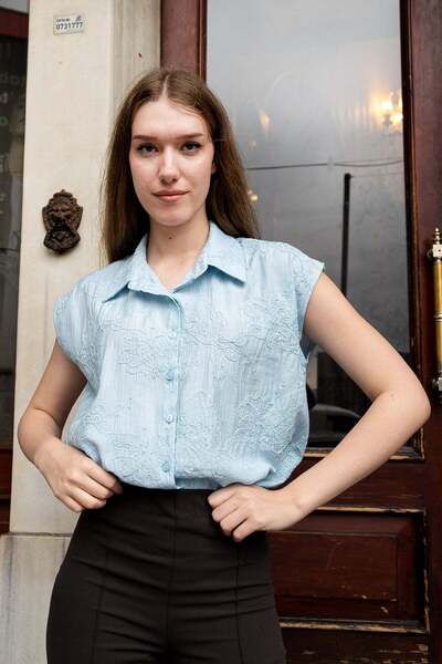 Jument Women's Embroidered Collared Off-Shoulder Loose Shirt-Blue
