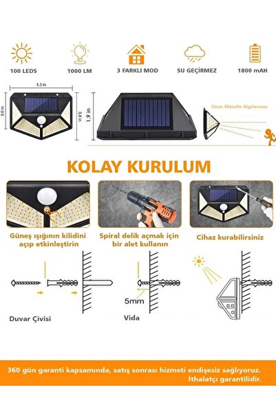 Sonlight Geniş Açılı Solar 100 LED 3 Modlu Hareket Sensörlü Güneş Enerjili Bahçe Aydınlatma Led Işık