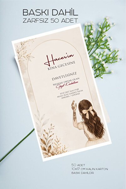 Hsn Kına Davetiyesi Kına Kartı 10x17 cm 50 adet Zarfsız Baskı Dahildir