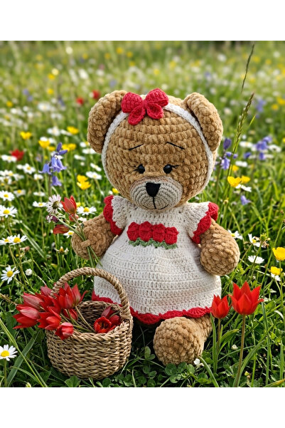 EFELA DÜNYASI Örgü Amigurumi Elbiseli Lale Figürlü Ayıcık Oyuncak
