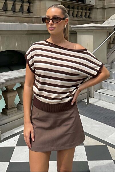 Madmext Striped Coffee Off-Shoulder Knitwear Blouse Mg2796