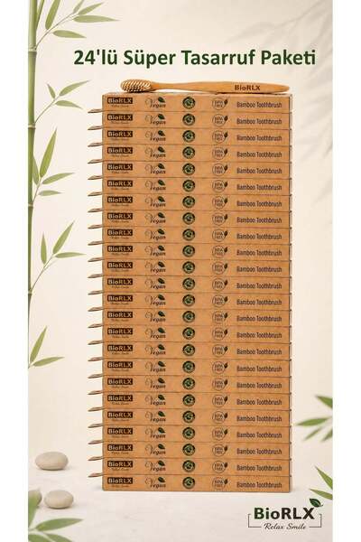 BioRLX Bambu Diş Fırçası Medium (24 ADET) – Çevre Dostu – BPA Free - Bamboo T...