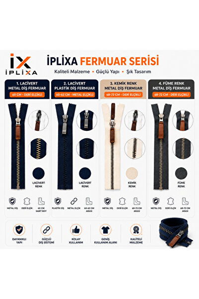 İPLİXA Metal & Plastik Diş Fermuar Seti Deri Elcikli Lacivert Füme Kemik Renk