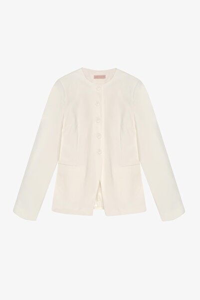Quzu Round Neck Buttoned Blazer Jacket Ecru